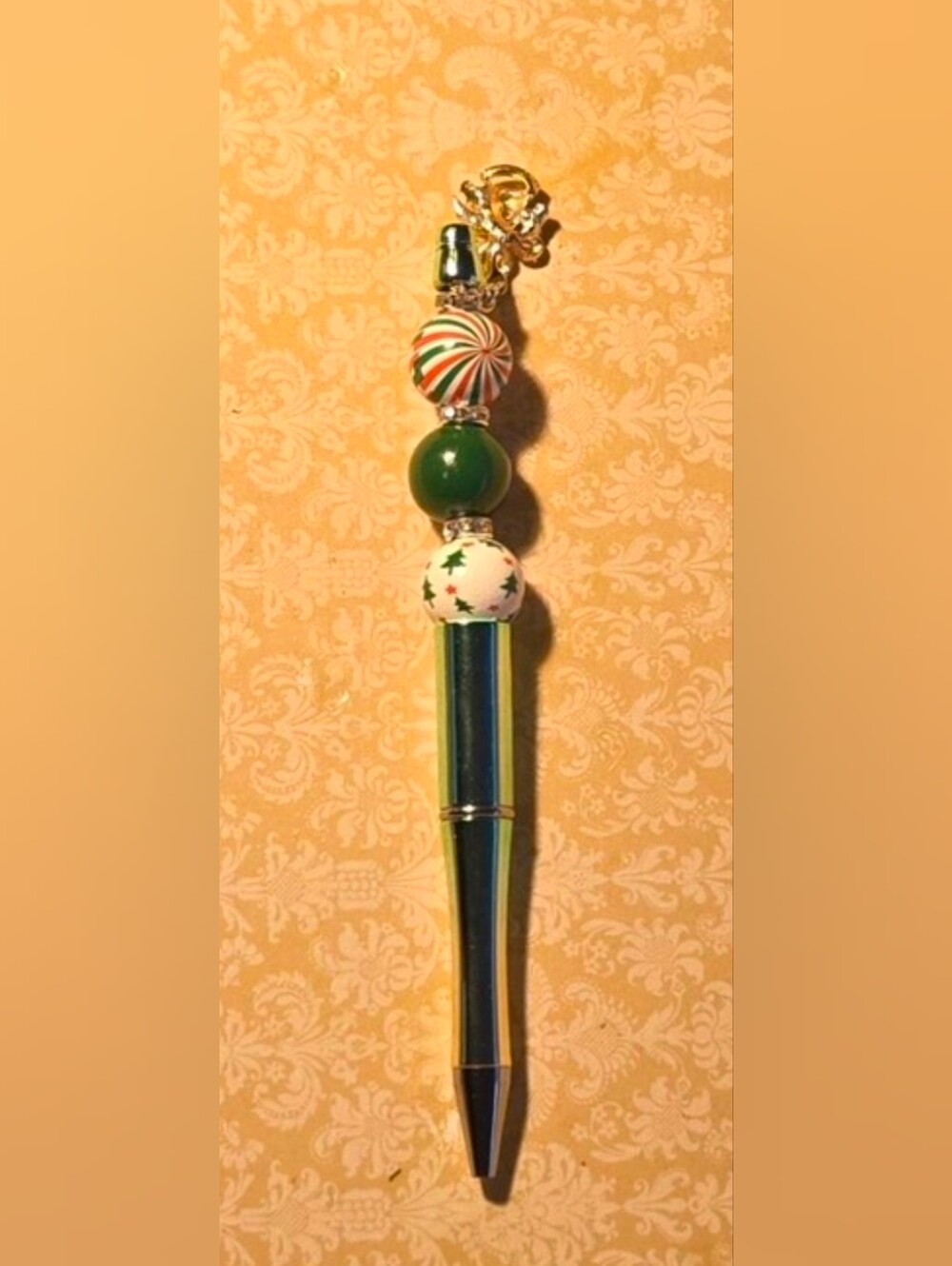 Festive Green Beaded Pen with Holiday Charm - Handmade